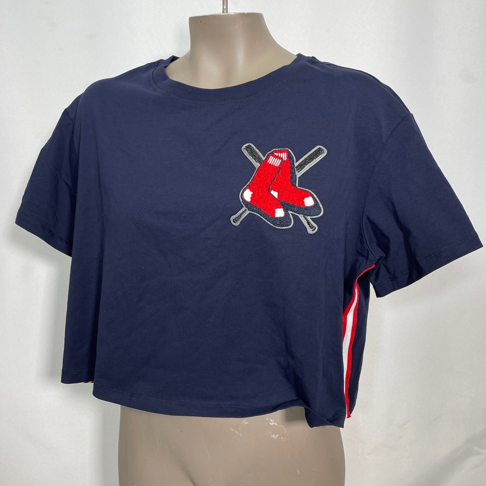 Boston Red Sox MLB Pro Standard Navy Blue Chenille Cropped T-Shirt Womens MEDIUM